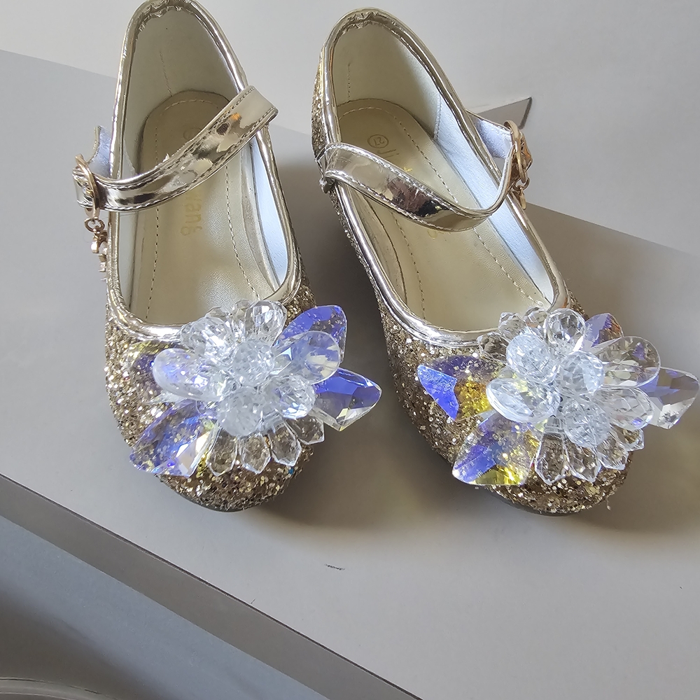 Gold Glitter Kids Shoes with Crystal Flower